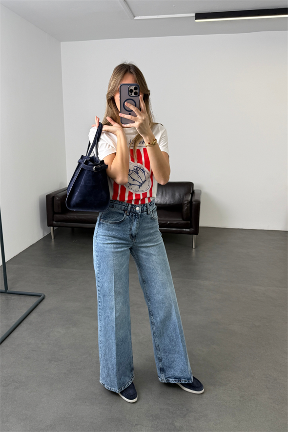 Yıkamalı Mavi Yüksek Bel Wide Leg Jean 