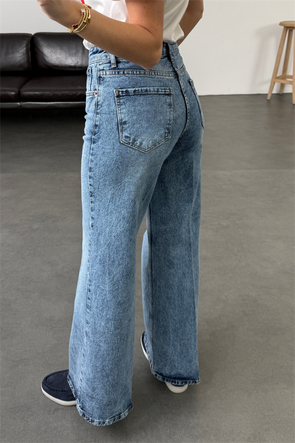 Yıkamalı Mavi Yüksek Bel Wide Leg Jean 