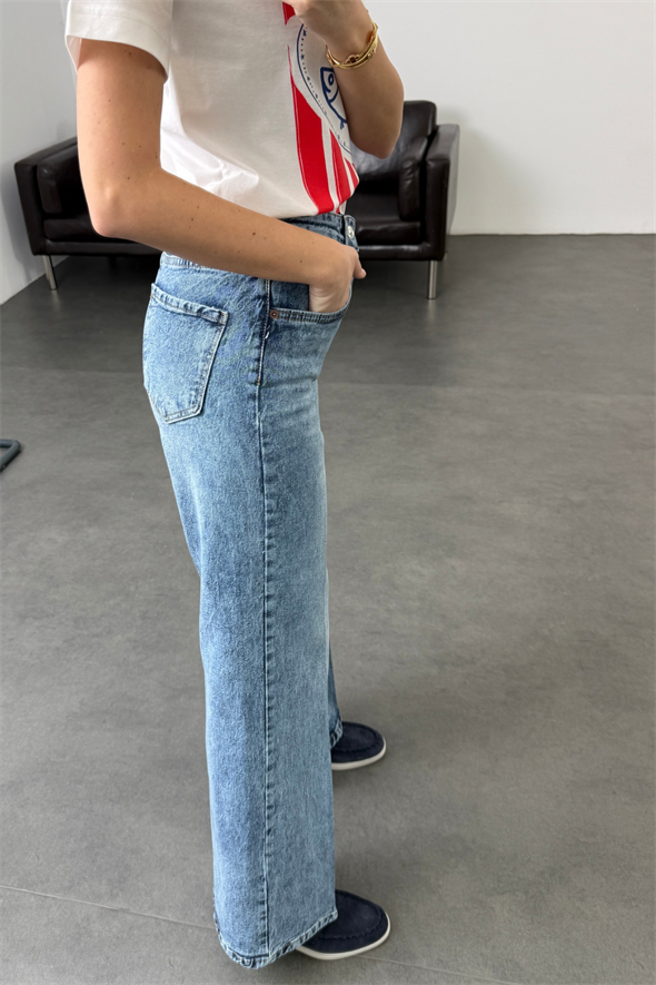 Yıkamalı Mavi Yüksek Bel Wide Leg Jean 
