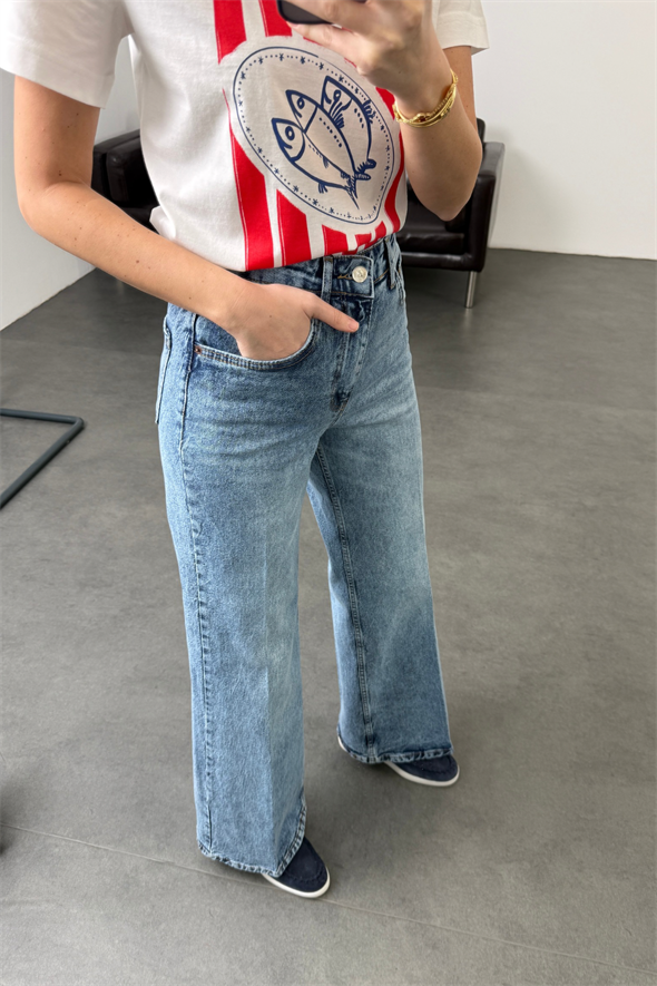 Yıkamalı Mavi Yüksek Bel Wide Leg Jean 