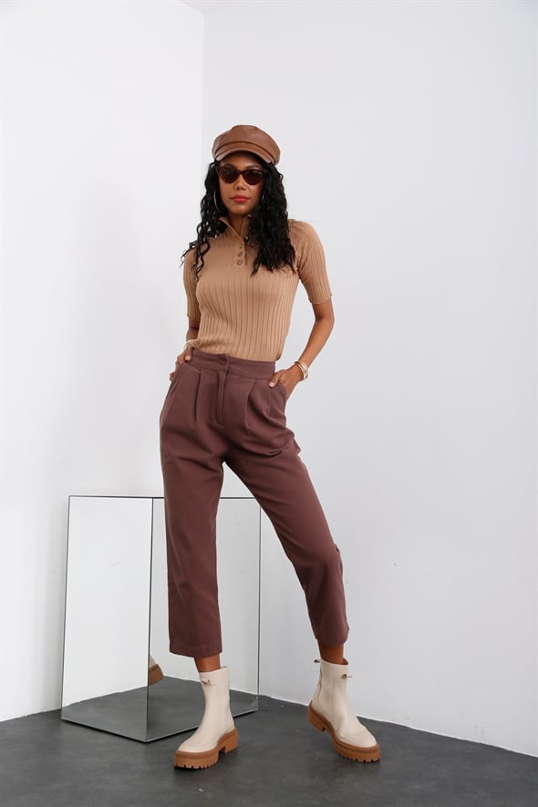 Acı Kahve Pile Detaylı Gabardin Pantolon 0118