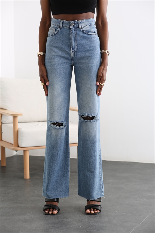 Açık Mavi Dizleri Yırtık Wide Leg Jean 