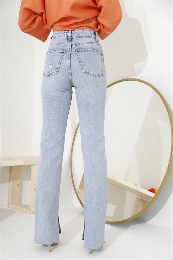 Açık Mavi Yüksek Bel Yırtıklı Slim Flare Jean 