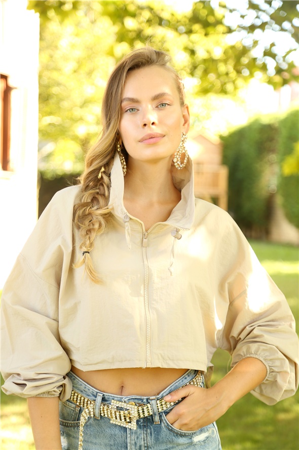 Bej Fermuarlı Crop Bluz 4904