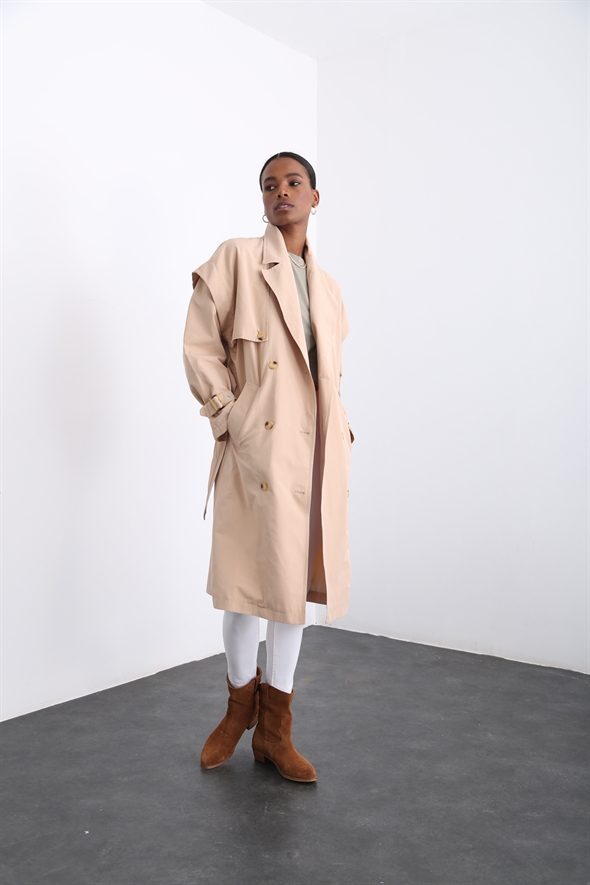 Bej Kendinden Kemerli Trenchcoat 16024