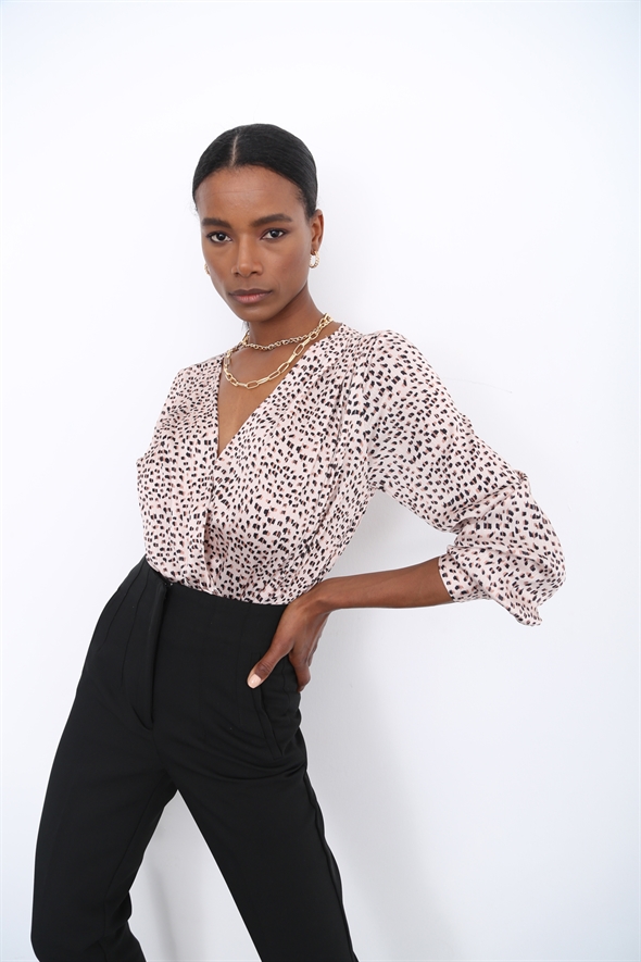 Bej Kruvaze Desenli Bodysuit 0669