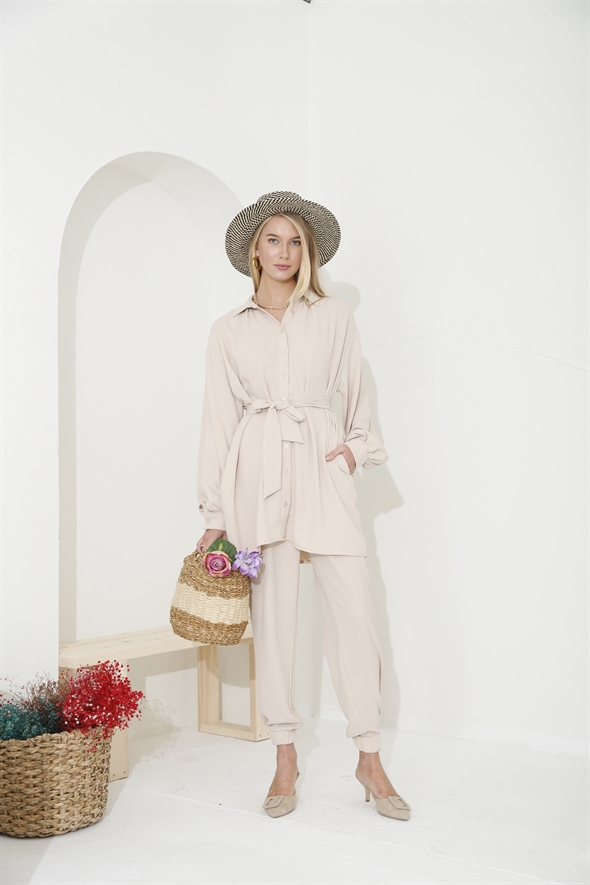 Bej Kuşaklı Oversize Gömlek Takım 98231