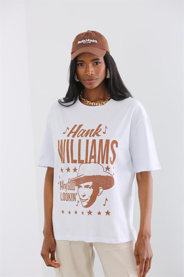Beyaz Hank Williams Baskılı Tshirt 