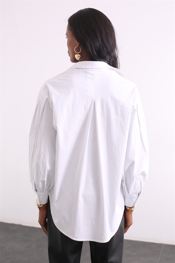 Beyaz Kolu Pileli Oversize Gömlek 00341