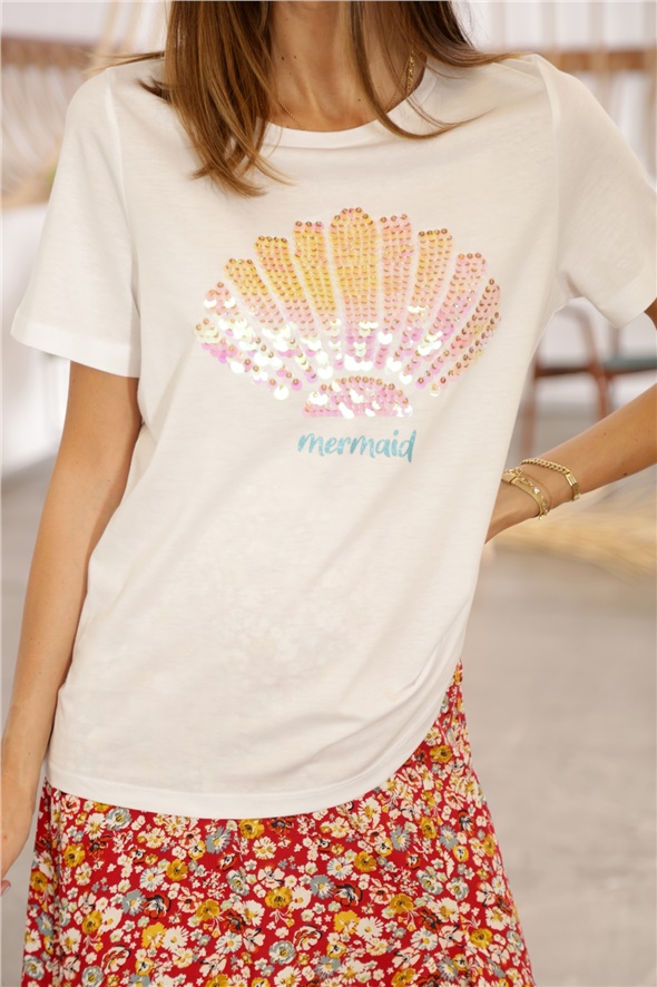 Beyaz Mermaid İşlemeli Tshirt 3075