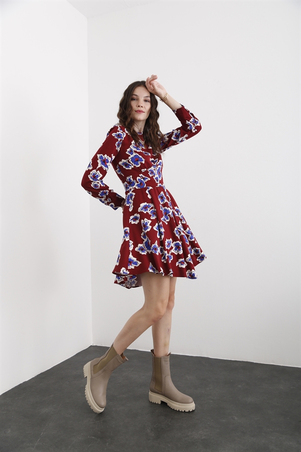 Bordo Çiçek Desenli Elbise 0081