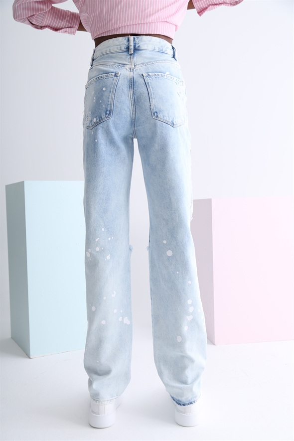 Buz Mavi Yüksek Bel Yırtıklı Wide Leg Jean 