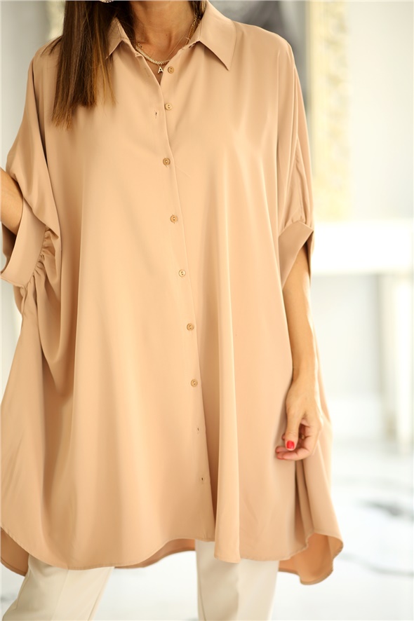 Camel Yanları Pileli Oversize Tunik Elbise 68003