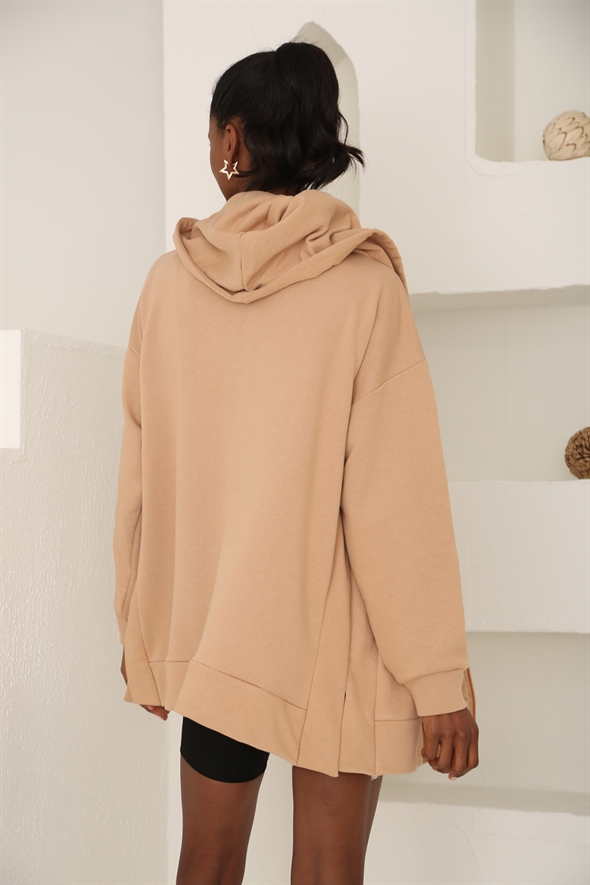 Camel Yanları Yırtmaçlı Fermuarlı Hırka 