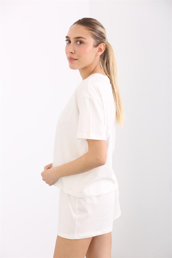 Ekru Noktalı Şortlu Pijama Takım 