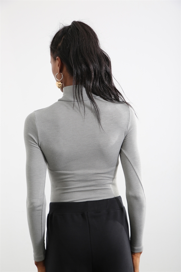 Gri Dik Yaka Uzun Kol Bodysuit 8252