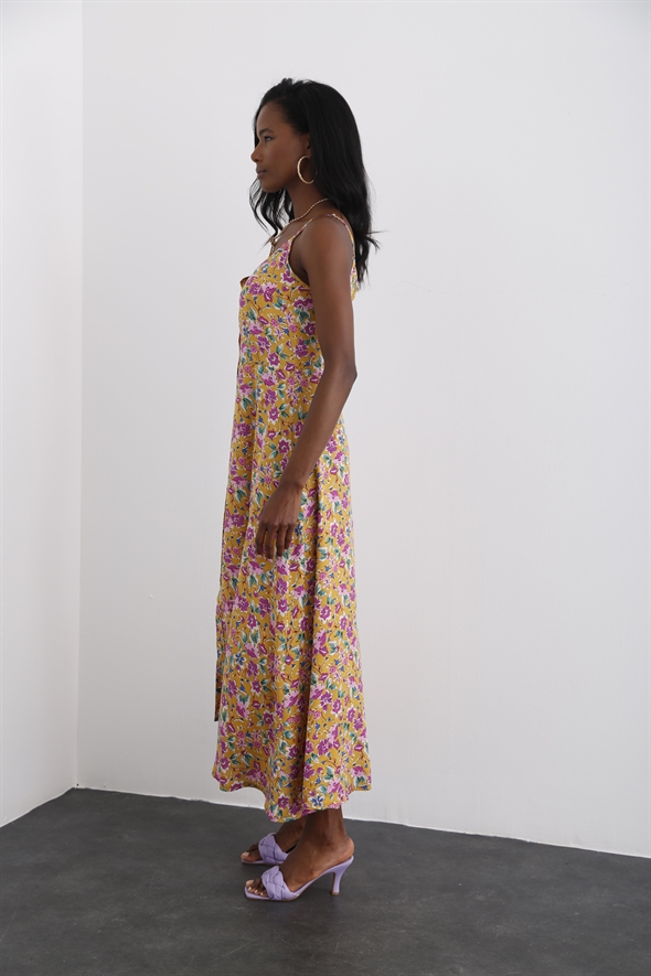Hardal Ayarlanabilir Askılı Çiçekli Elbise 2044