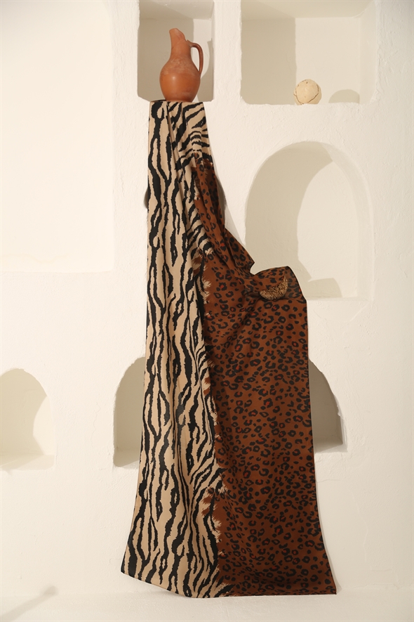 Kahverengi Leopar Zebra Desenli Pamuk Şal 13130
