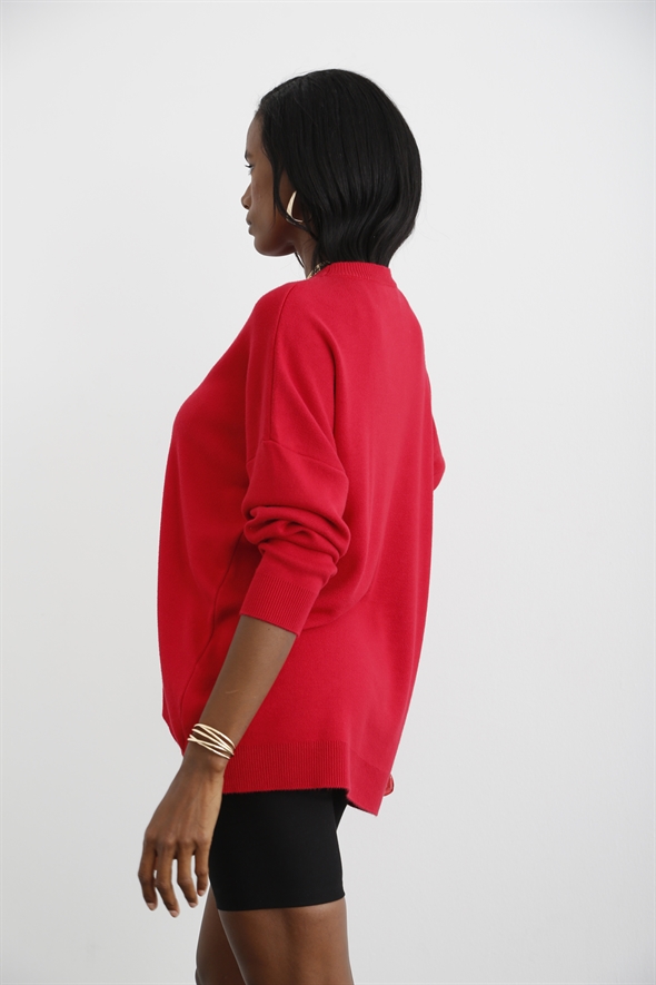 Kırmızı Bisiklet Yaka Oversize Triko M5190