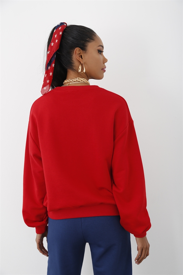 Kırmızı Longbeach Baskılı Sweatshirt 17635