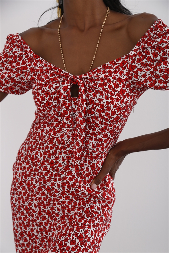 Kırmızı Mini Yırtmaçlı Çiçekli Elbise 3499