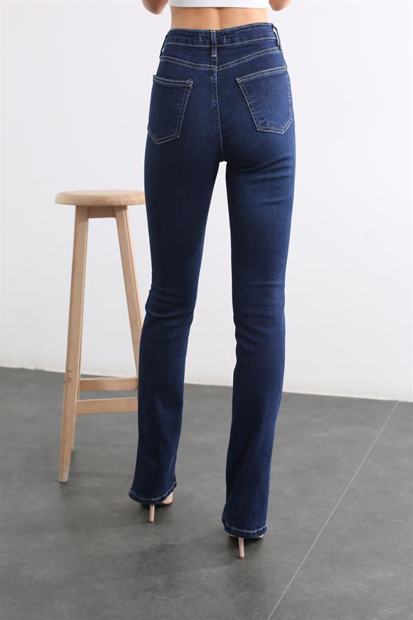 Koyu Lacivert Ultra Yüksek Bel Paçası Yırtmaçlı Jean 
