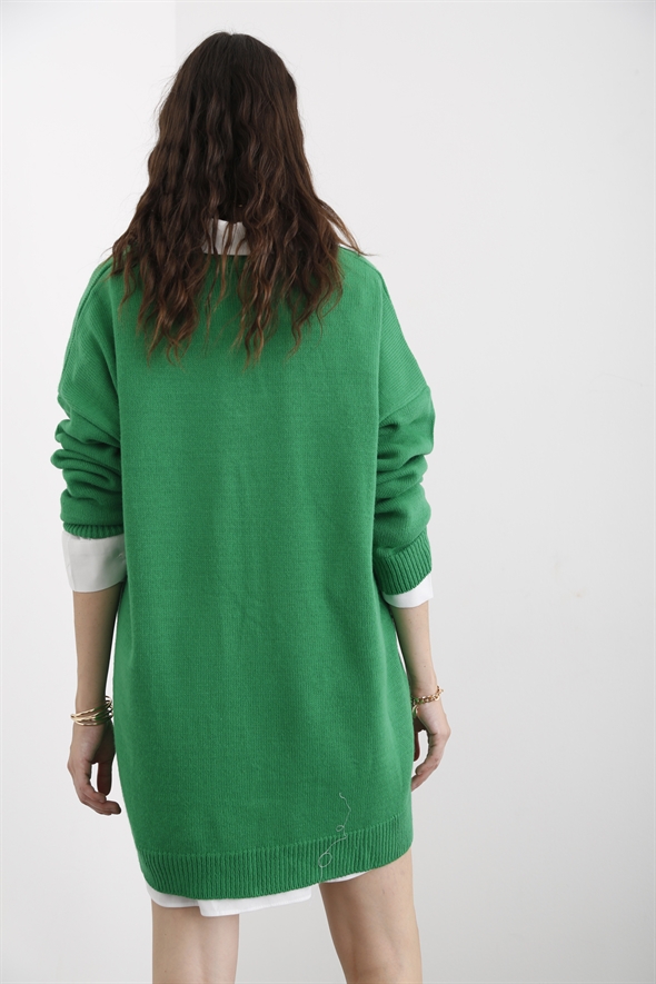 Koyu Yeşil V Yaka Oversize Kazak 32019