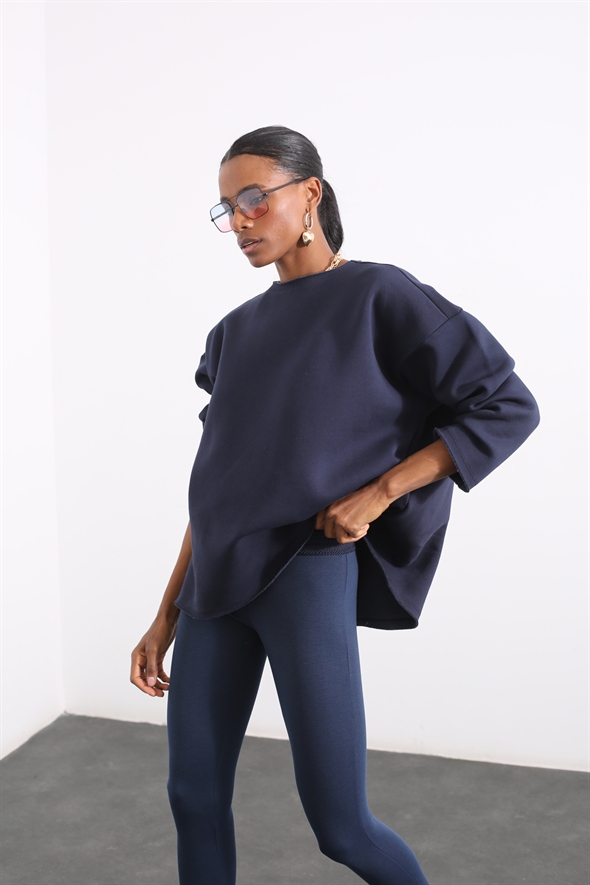 Lacivert Bisiklet Yaka Oversize Sweatshirt 1114