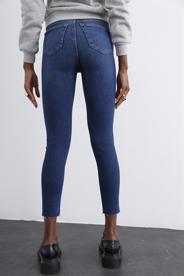 Lacivert Önü Düğmeli Skinny Jean 