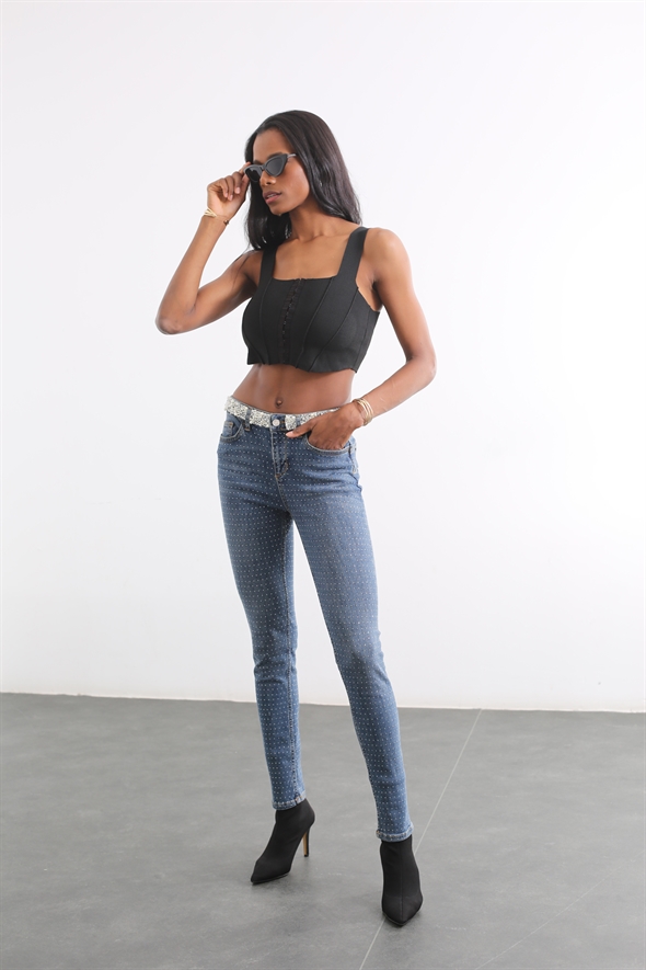 Lacivert Yüksek Bel İnci Detaylı Slim Fit Jean 