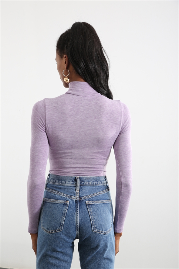 Lila Dik Yaka Uzun Kol Bodysuit 8252