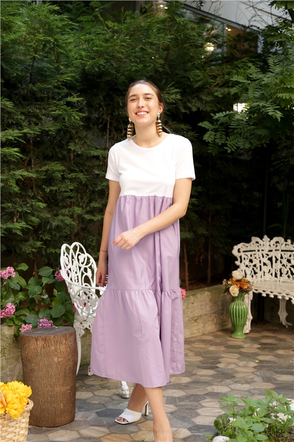 Lila Geniş Yaka Penye Poplin Elbise 3177