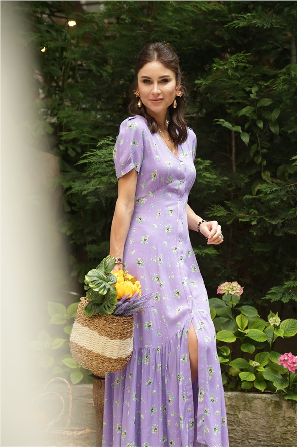 Lila V Yaka Düğme Detaylı Çiçekli Elbise 21587