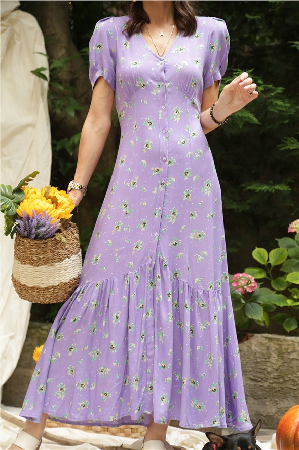Lila V Yaka Düğme Detaylı Çiçekli Elbise 21587