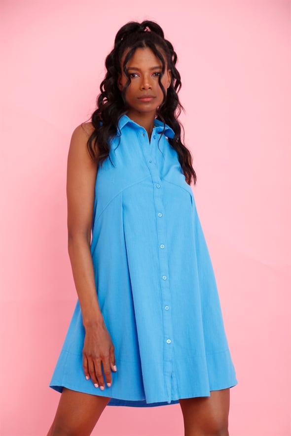 Mavi Kolsuz Gömlek Elbise 4104
