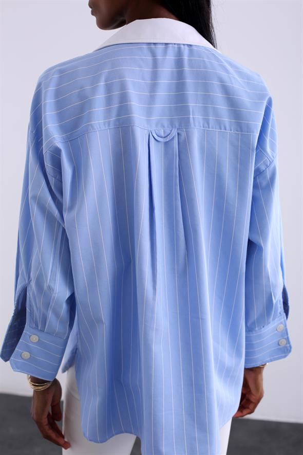Mavi Premium Yakası Garnili Çizgili Gömlek 2364