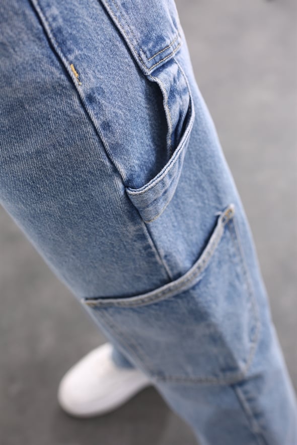 Mavi Yüksek Bel Kargo Cep Jean 