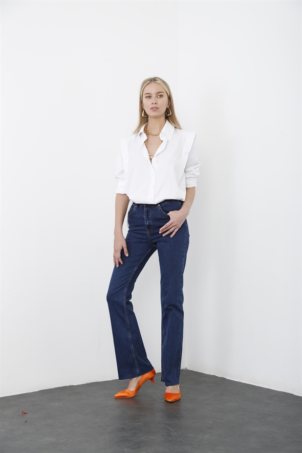 Mavi Yüksek Bel Likralı Flare Jean 132