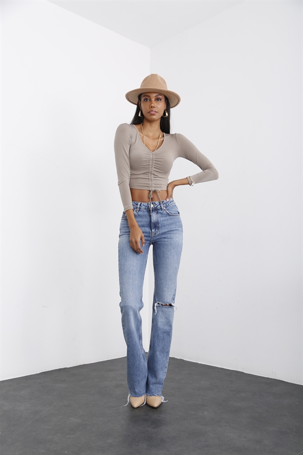Mavi Yüksek Bel Yırtıklı Straight Fit Jean 