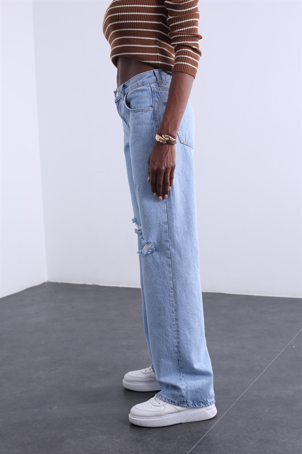 Mavi Yüksek Bel Yırtıklı Wide Leg Jean 81