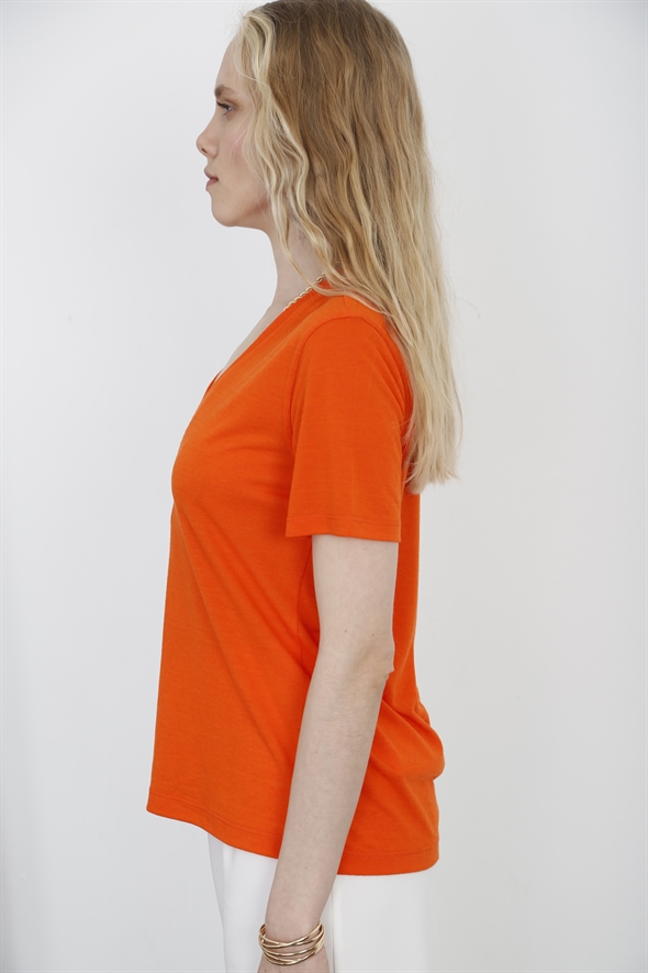 Oranj V Yaka Keten Tshirt 3119