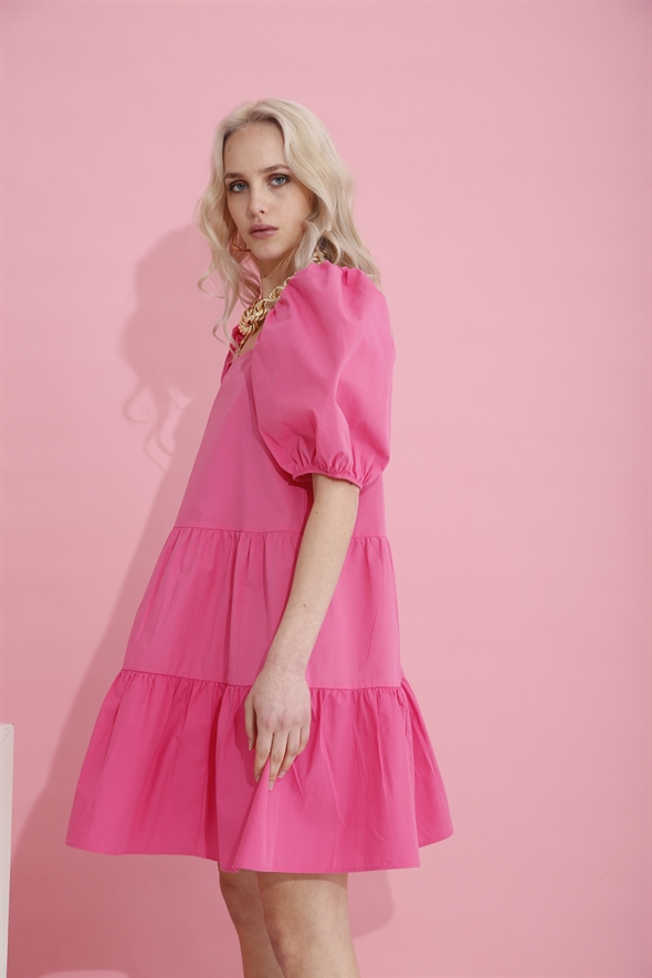 Pembe Kare Yaka Mini Elbise 