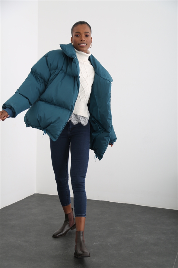 Petrol Mavisi Oversize Şişme Mont 