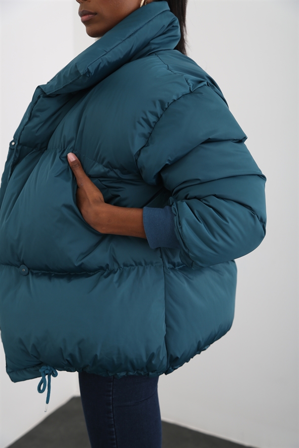 Petrol Mavisi Oversize Şişme Mont 