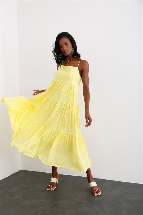 Sarı Spagetti Askılı Katlı Elbise 3818