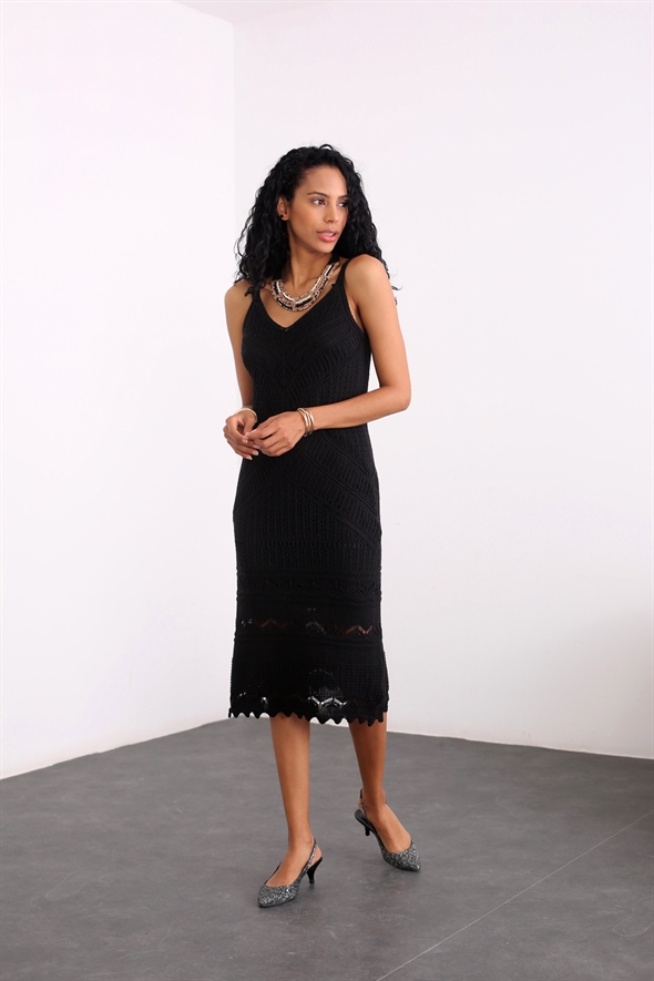 Siyah Ajur Desenli Triko Elbise 3194