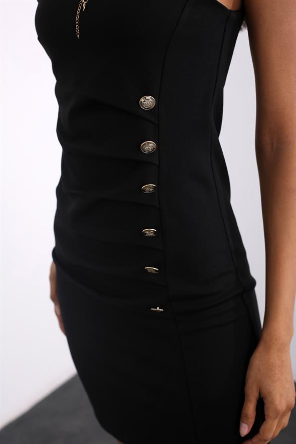 Siyah Askılı Gold Düğmeli Elbise 4323
