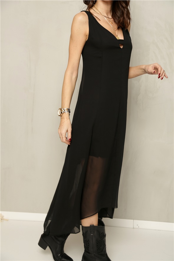 Siyah Askılı Şifon Elbise 110061