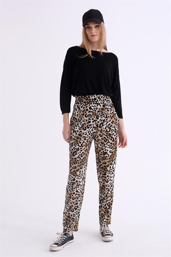 Siyah Beli Lastikli Leopar Havuç Pantolon 40127