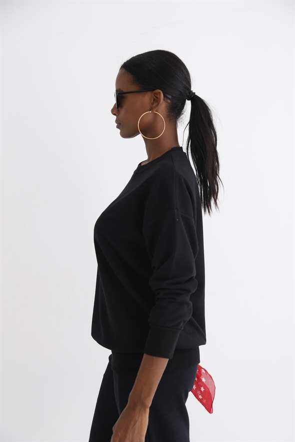 Siyah Bisiklet Yaka Basic Sweatshirt 3200
